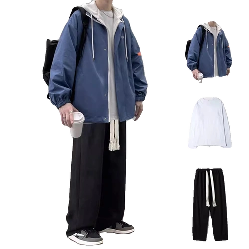 春秋休闲连帽假两件夹克搭配帅气潮流休闲裤宽松痞帅气青少年一套