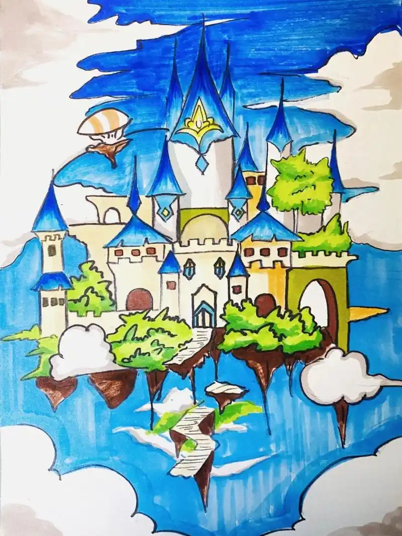天空之城 #儿童画# #城堡# #天空# #马克笔