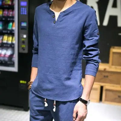 [最后一小时] 长袖t恤男夏季薄款打底衫薄款修身v领衣服潮男夏装 亚麻