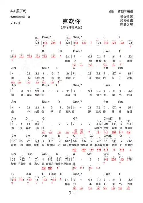 喜欢你新四合一吉他专用谱