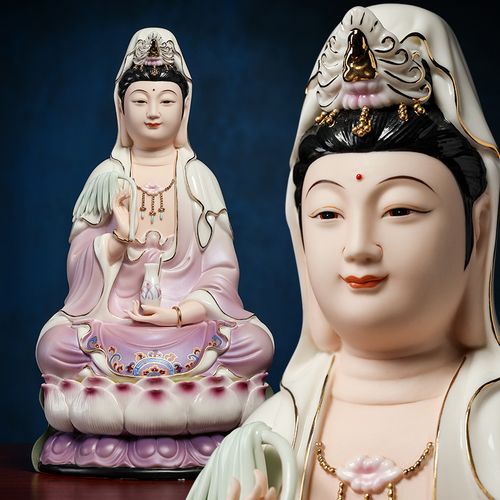 七珍陶瓷坐莲南海观音菩萨佛像摆件彩绘观世音菩萨像客厅家用供奉