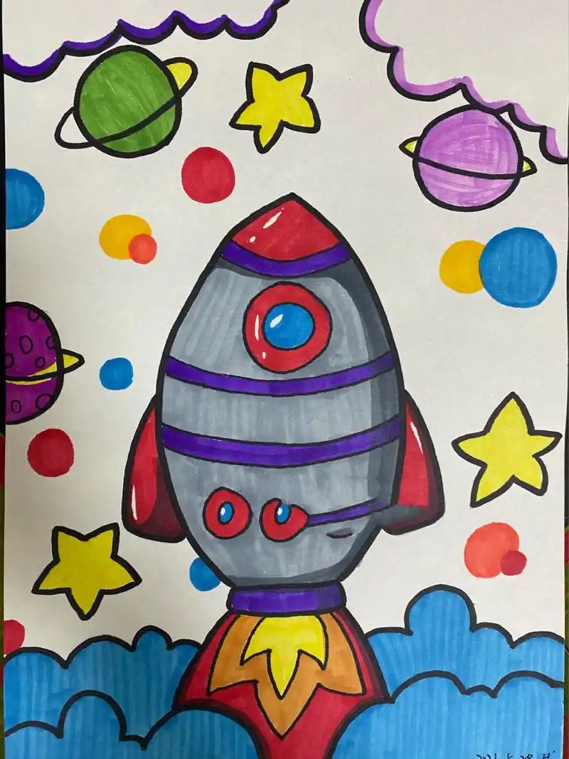 少儿美术|马克笔|飞向太空的小火箭04 1《飞向太空的小火箭04》