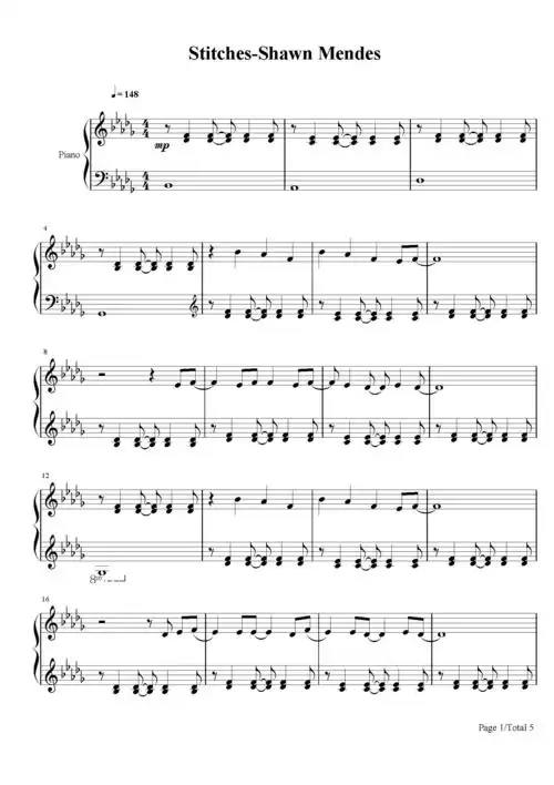 stitches钢琴谱shawnmendes降d调流行钢琴五线谱