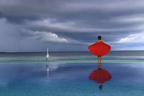 清晨的无边泳池,没有人(小黑10点上班),是美女们摆拍的好地方