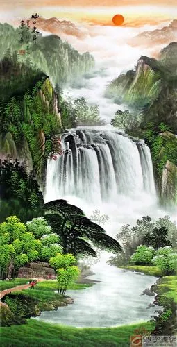 旭日东升聚宝盆风水画 - 聚宝盆山水画 - 99字画网