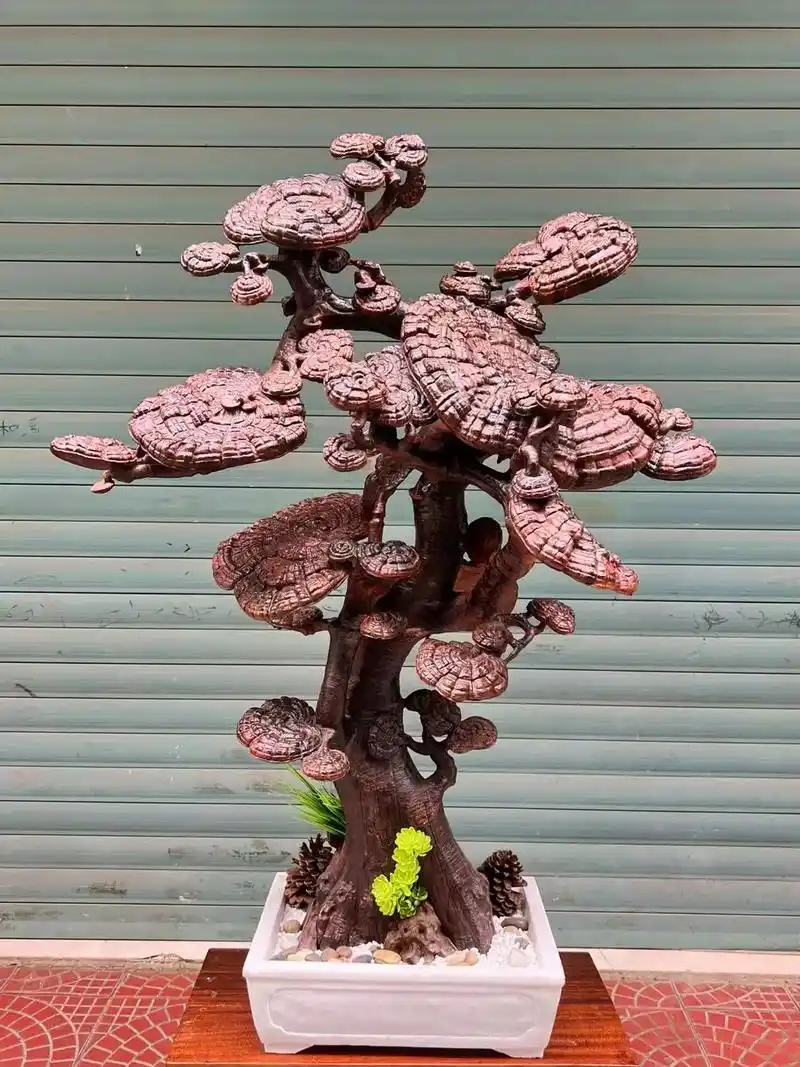 老挝大红酸枝纯手工雕刻千年灵芝盆景