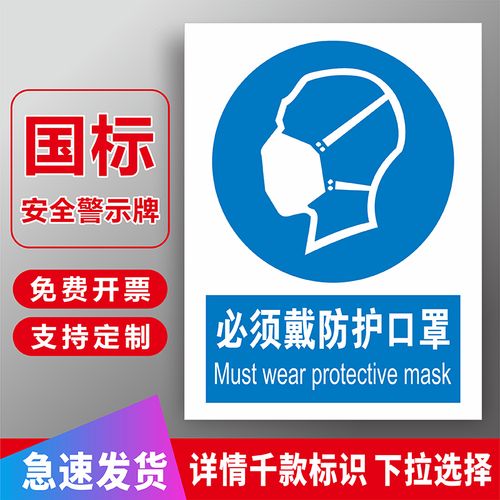 必须戴防护口罩安全警示提示标识警示牌劳保消防厂检标识生产车间工厂