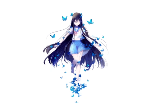 动漫与长长的头发,在白色背景上的蓝色蝴蝶的女孩