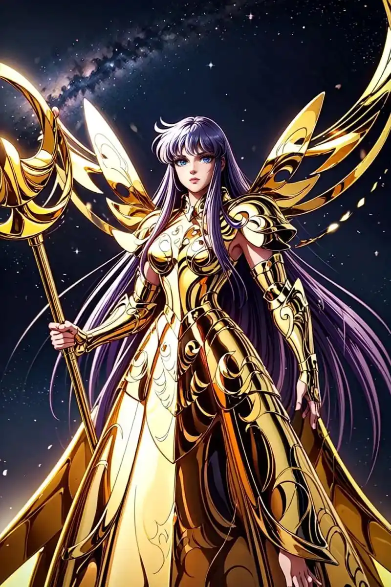 ai生成的一组圣斗士星矢雅典娜插画作品,展示了她身着圣衣的状态,气场