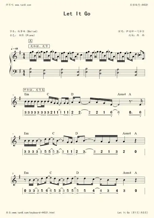 《let it go(冰雪奇缘)》,伊迪娜·门泽尔(五线谱 电子琴谱)-弹琴吧