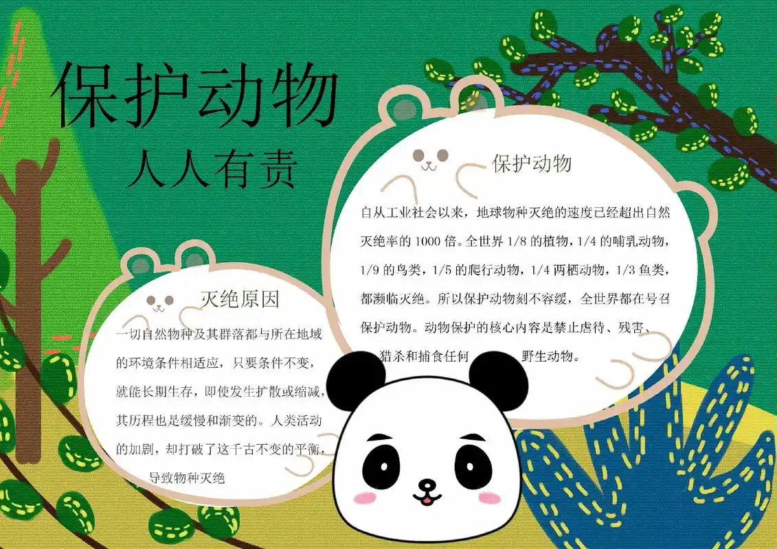 d172保护动物电子小报模板手抄报模板,黑白线稿可打印涂色# - 抖音
