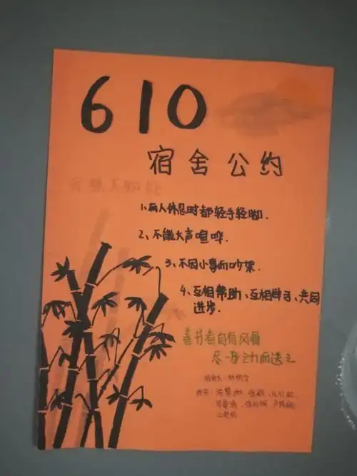 看,这里有我们全体舍员发扬团队精神的智慧结晶——宿舍文明公约