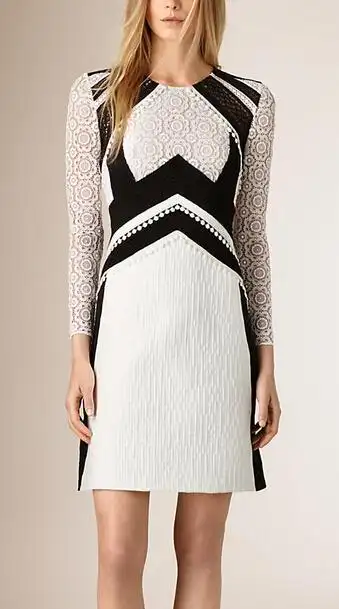 burberry博柏利女装a字镶拼丝棉混纺蕾丝连衣裙45337581