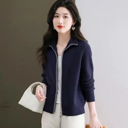 新款早春翻领针织外套女春秋双拉链毛衣开衫休闲洋气外搭短款上衣