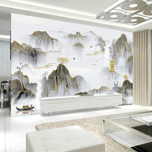新中式水墨画客厅电视背景墙壁画客厅3d无缝5d影视墙背景壁画布