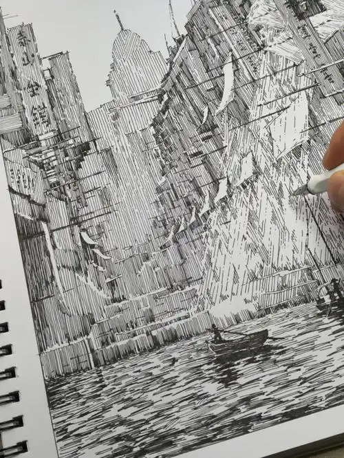 钢笔画建筑光影