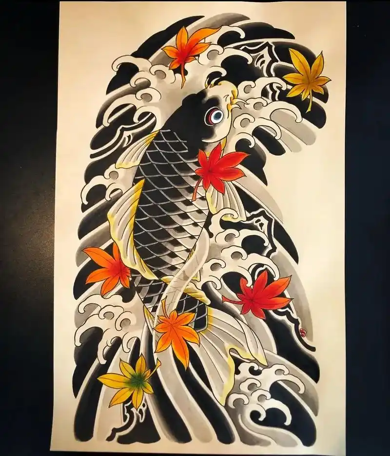 老传统鲤鱼枫叶水浪山石花臂纹身手稿!半胛! #长春纹身 #纹 - 抖音