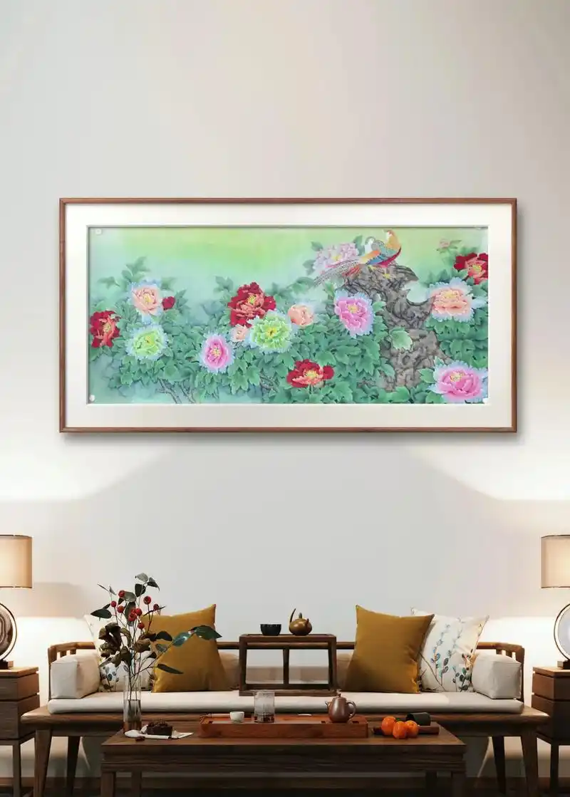 画虎村马苏纯手绘国画客厅装饰画牡丹花开富贵马苏国画