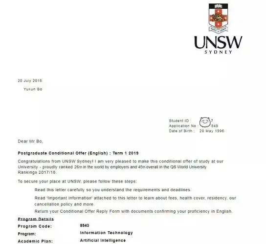 新南威尔士大学offer来啦