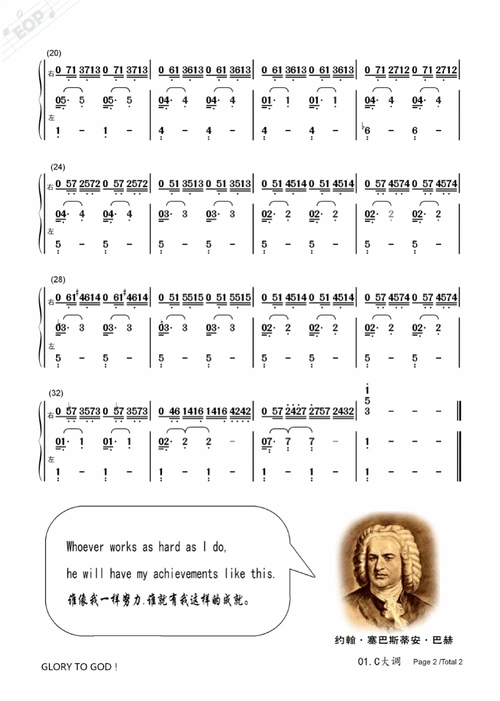 巴赫十二平均律 第一卷 c大调 双手弹奏 简谱