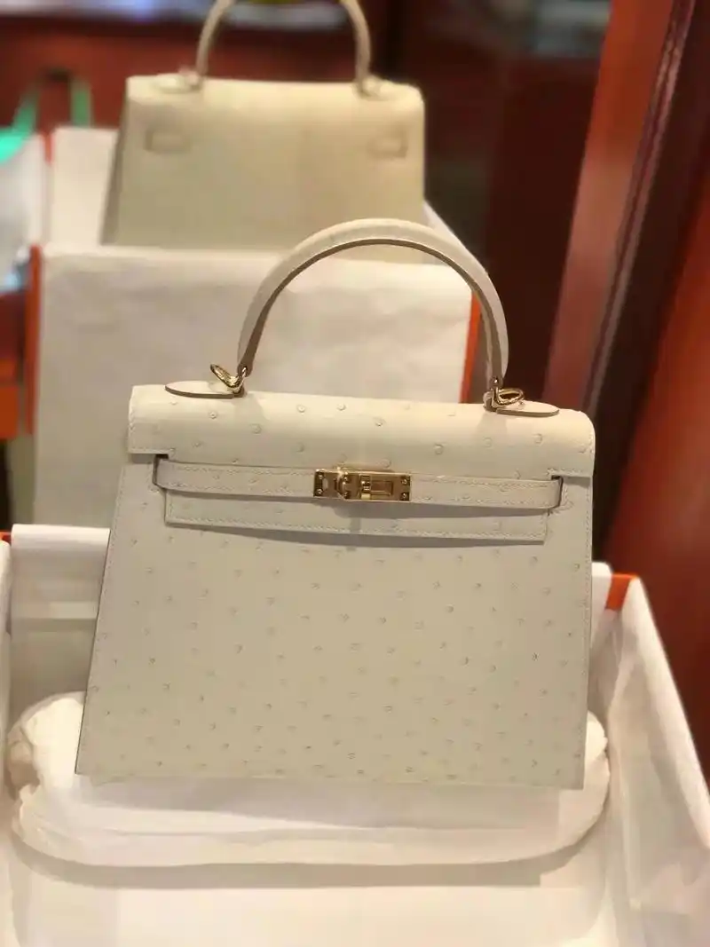 少量现货.爱马仕 kelly 25 奶昔白 鸵鸟皮 金扣 # - 抖音