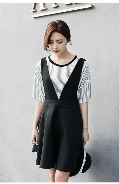 女款时尚v领a字背带裙