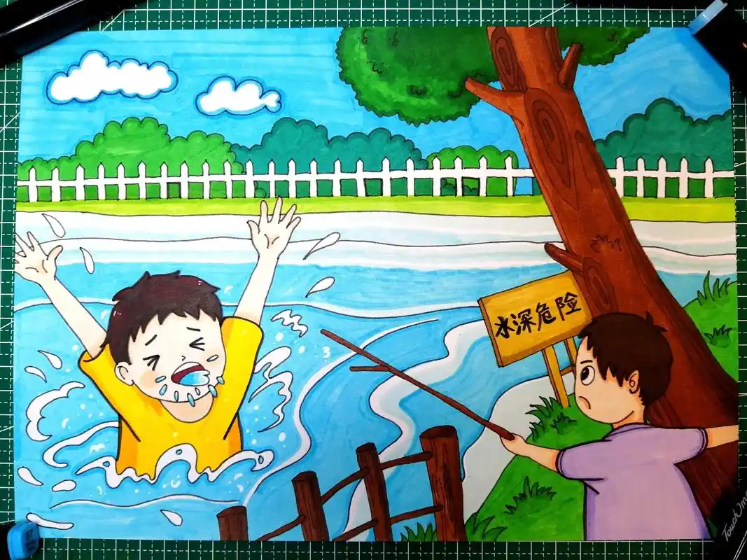 防溺水主题绘画,防溺水儿童画,预防溺水珍惜生命!#防溺水 # - 抖音