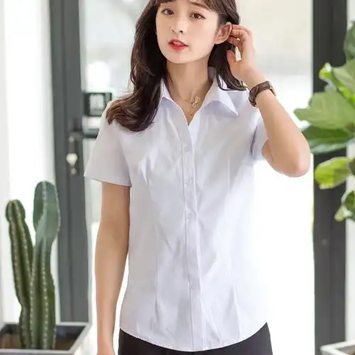 韩版夏季新款女白衬衫斜纹短袖领棉职业装工作服衬衫
