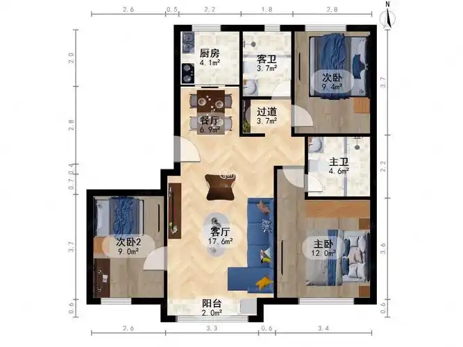 一梯两户 三室两厅两卫 精装修 采光好,盛庭名景花园二手房,185万,3室