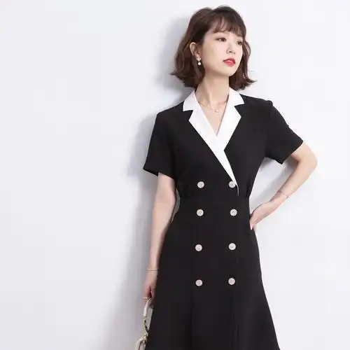 气质黑色西装双排连衣裙女春夏收腰显女神范裙子连衣裙