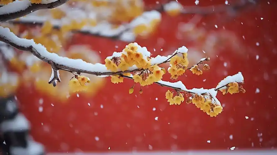 雪中的红墙与黄色腊梅绽放风景壁纸