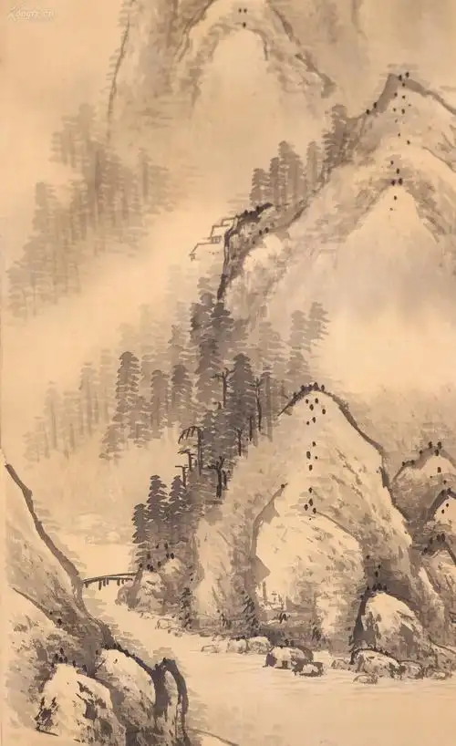 日本著名画家高桥由一号蓝川笔大幅山水图绢本原装原裱紫檀轴头全尺寸