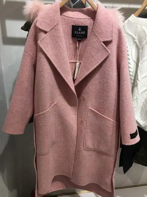 特价依恋大衣_国内专柜代购eland依恋女装精品粉色宽松毛呢外套大衣ee