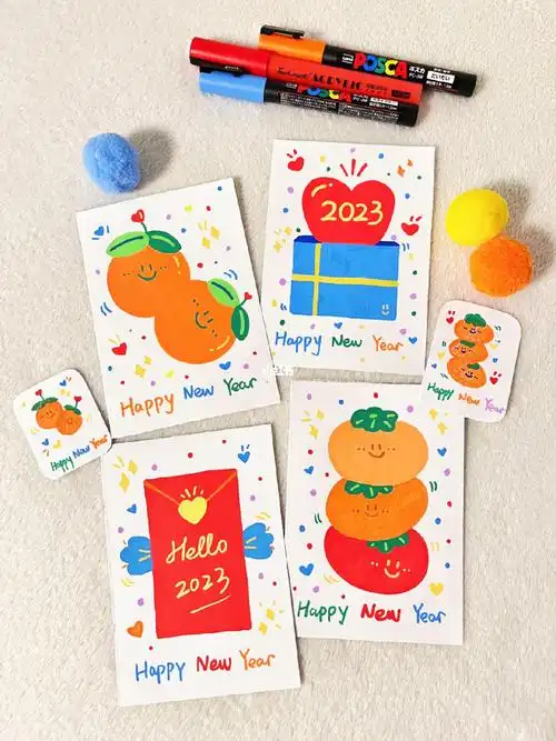 96新年丙烯涂鸦风贺卡96diy手绘可爱简笔画