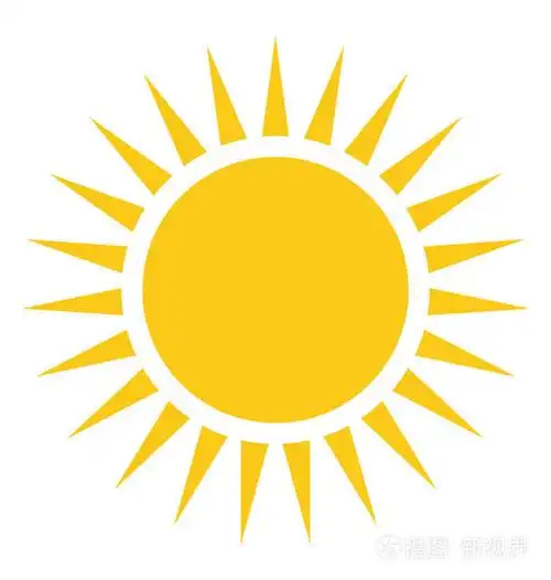 明亮的黄色太阳的卡通形状, 尖尖的光线, 阳光