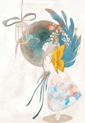 中国插画师halu作品-翅-古风水彩