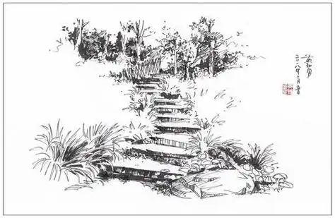 临摹|《山中小景》黑白简笔画山间小路风景简笔画-e学堂