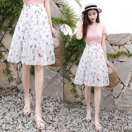 雪纺小碎花半身裙女夏季短裙垂坠感高腰显瘦白色包臀百褶a字裙子