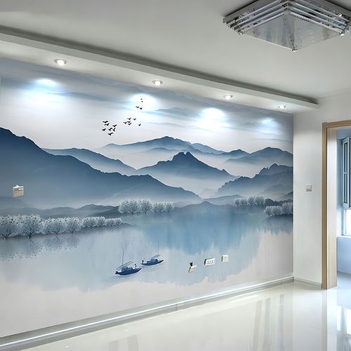 新中式水墨山水电视背景墙热转印环保壁画意境客厅影视墙壁布定制