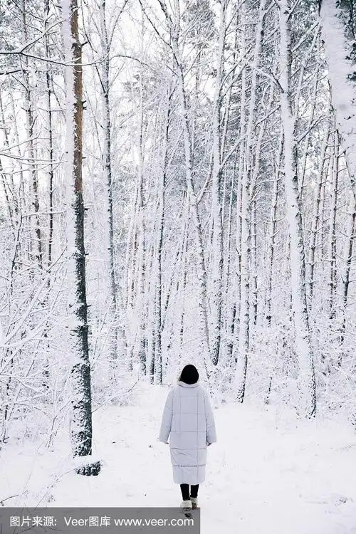 一个女人走在雪地里的背影