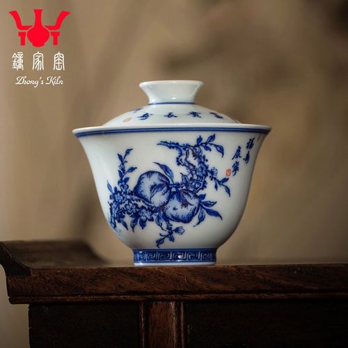 鐘家窑钟家窑茶具套组 柴窑青花手绘三多纹饰盖碗套装中式功夫茶具套