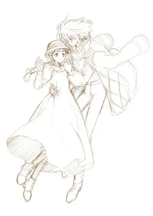 哈尔和苏菲在空中漫步线稿