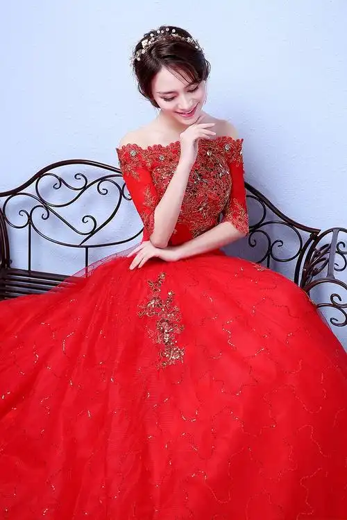 bmlc 红色婚纱礼服2022新款拖尾婚纱裙简约梦幻拖尾显瘦修身一字肩