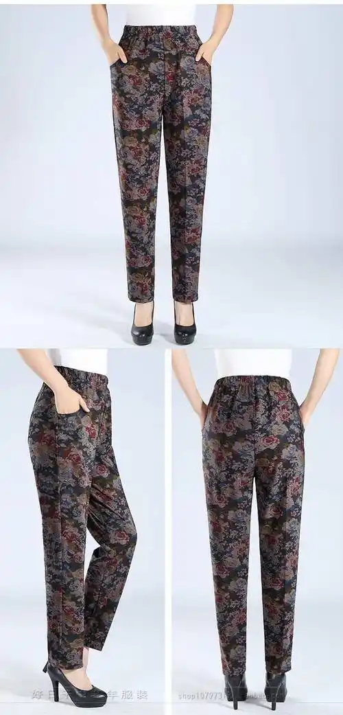 中老年女装裤子春秋冬款妈妈弹力大码休闲裤老人高腰直筒奶奶花裤女式
