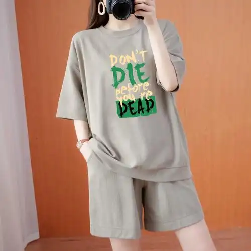 外贸清仓捡漏宽松时尚纯棉短袖套装洋气显瘦夏季休闲运动两件套女