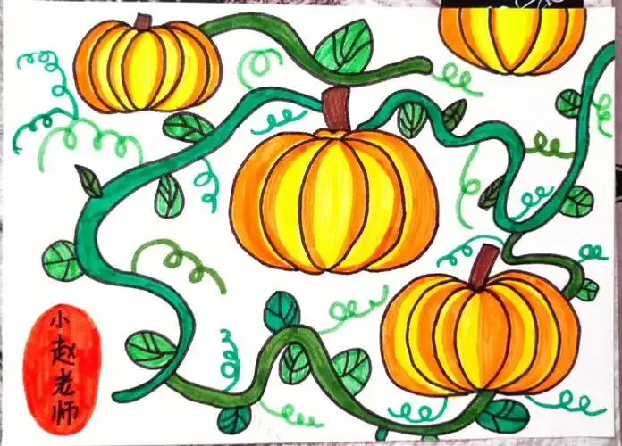 儿童画藤蔓上的南瓜原创