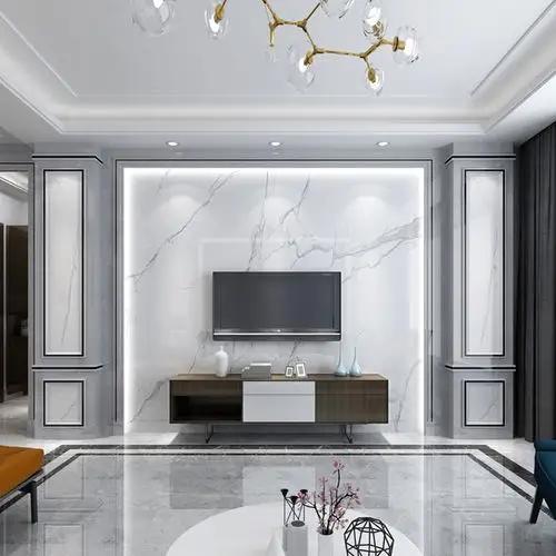 轻奢客厅电视背景墙瓷砖微晶石仿大理石纹现代简约影视墙渗墨大板