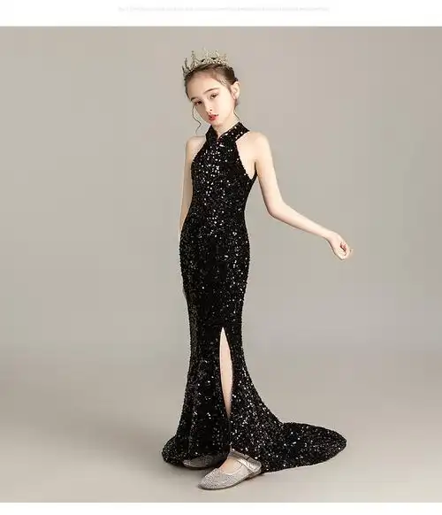 迪士尼儿童公主裙高端儿童礼服新款鱼尾黑色亮片小主持人模特走秀公主