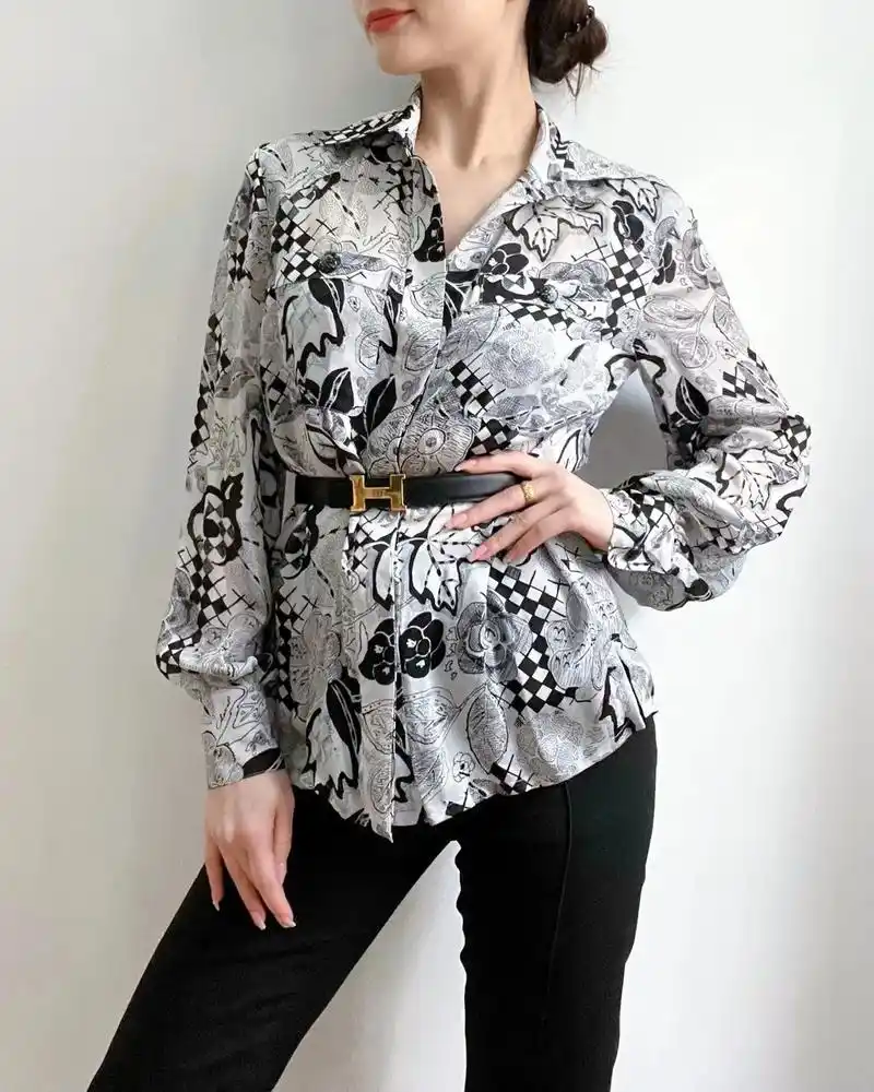chanel黑白真丝印花衬衫