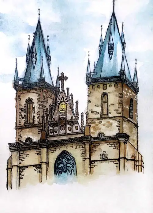 布拉格广场旁哥特风建筑水彩